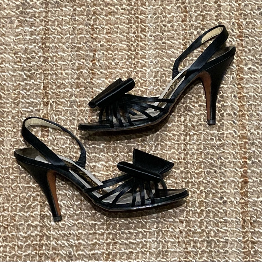 STANLEY PHILIPSON BLACK SATIN BOW STRAPPY HEELS—WORN TWICE!!!
